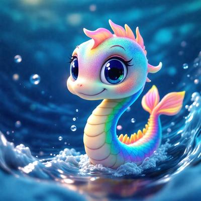The primary subject of the image is a colorful, rainbow-colored cartoon snake. The snake is floating in a body of water, which appears to be a blue ocean. The visual style of the image is digital art, as it is a cartoon-like representation of the snake. The colors and mood of the image are vibrant and lively, with the snake's rainbow colors and the blue ocean creating a cheerful and playful atmosphere.